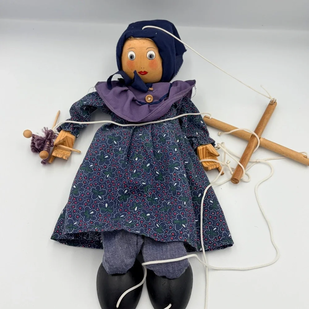 Vintage Marionette Puppet Folk Art Doll Blue‎ Floral Dress Wood Face